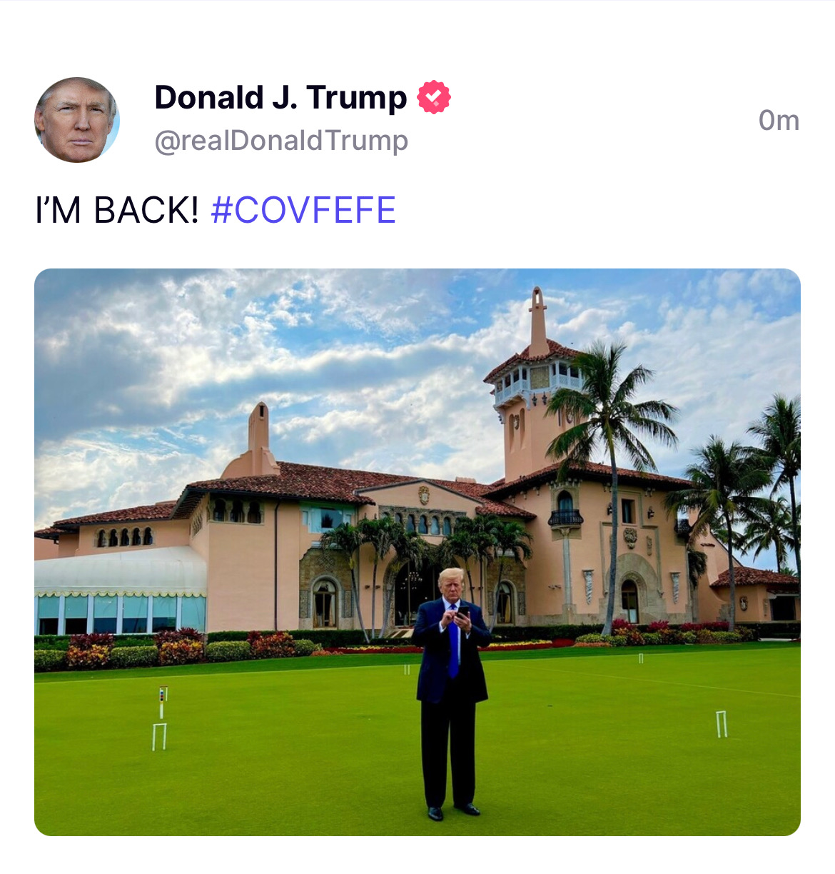 Trump joins TRUTH Social: 'I'M BACK! #COVFEFE'